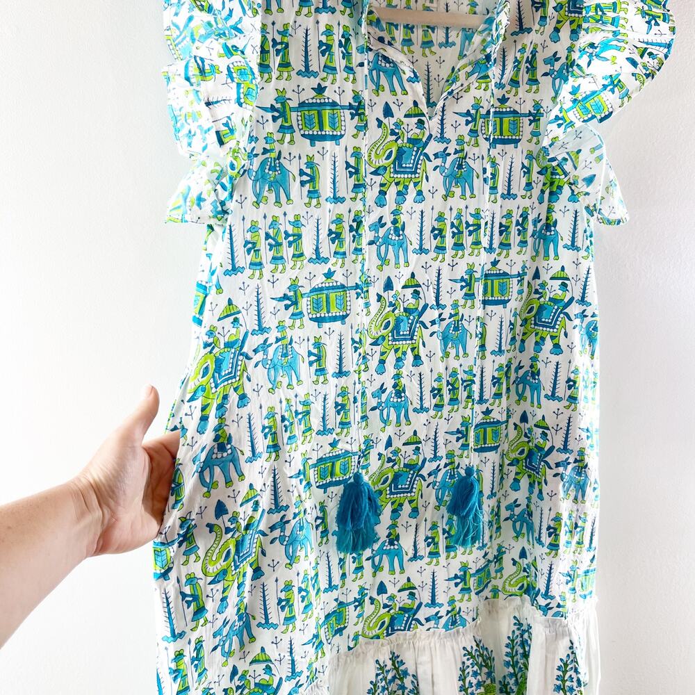 Islapayal Cotton Tunic Printed Ruffle Sleeve Mini Dress White Blue Green Medium - Picture 5 of 6